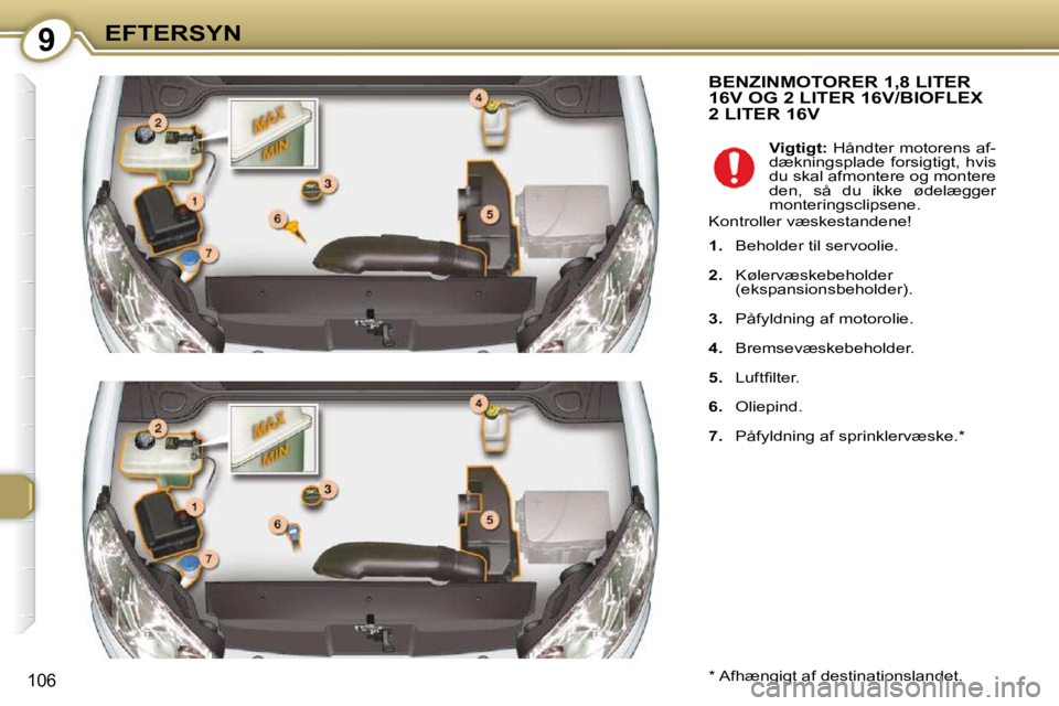 Peugeot 407 2009  Instruktionsbog (in Danish) 9EFTERSYN
106
 BENZINMOTORER 1,8 LITER 16V OG 2 LITER 16V/BIOFLEX 2 LITER 16V 
  *   Afhængigt af destinationslandet  .   
Vigtigt:   Håndter motorens af-
dækningsplade  forsigtigt,  hvis  
du skal