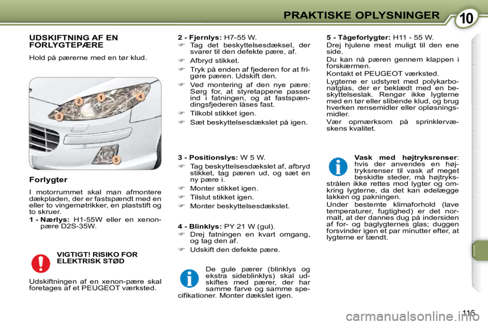 Peugeot 407 2009  Instruktionsbog (in Danish) 1010PRAKTISKE OPLYSNINGER
115
 UDSKIFTNING AF EN FORLYGTEPÆRE 
 Hold på pærerne med en tør klud.   
2 - Fjernlys:   H7-55 W. 
   
�    Tag  det  beskyttelsesdæksel,  der 
svarer til den defekt