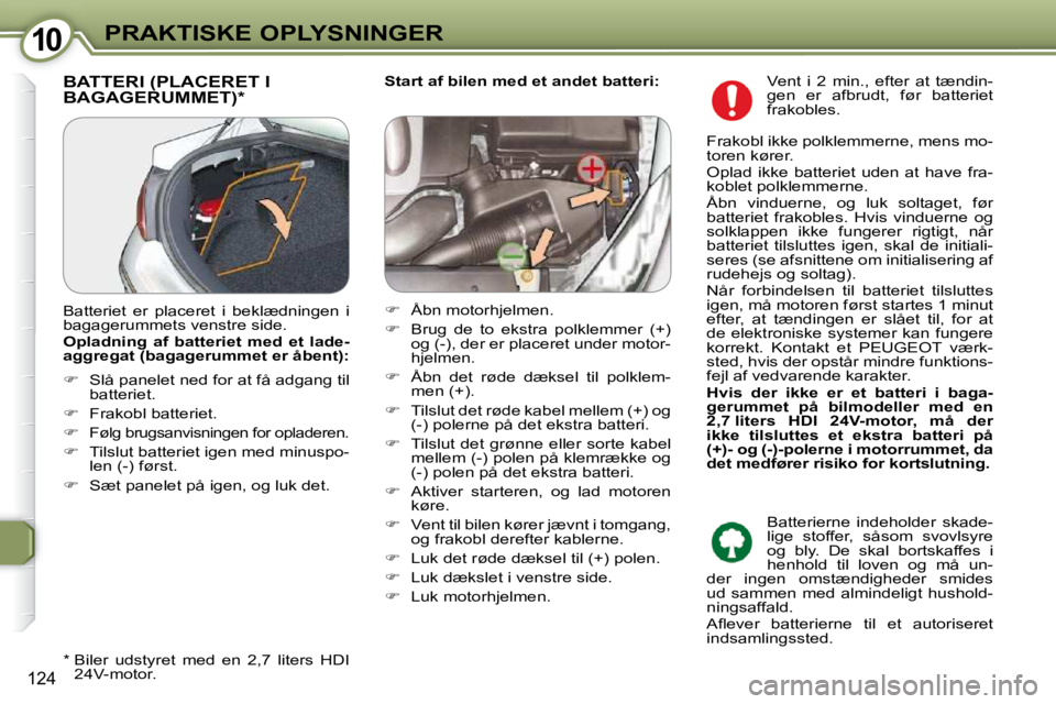 Peugeot 407 2009  Instruktionsbog (in Danish) 1010PRAKTISKE OPLYSNINGER
124
  
Start af bilen med et andet batteri:    BATTERI (PLACERET I BAGAGERUMMET) *  
  *    Biler  udstyret  med  en  2,7  liters  HDI 
24V-motor.  
 Batteriet  er  placeret 