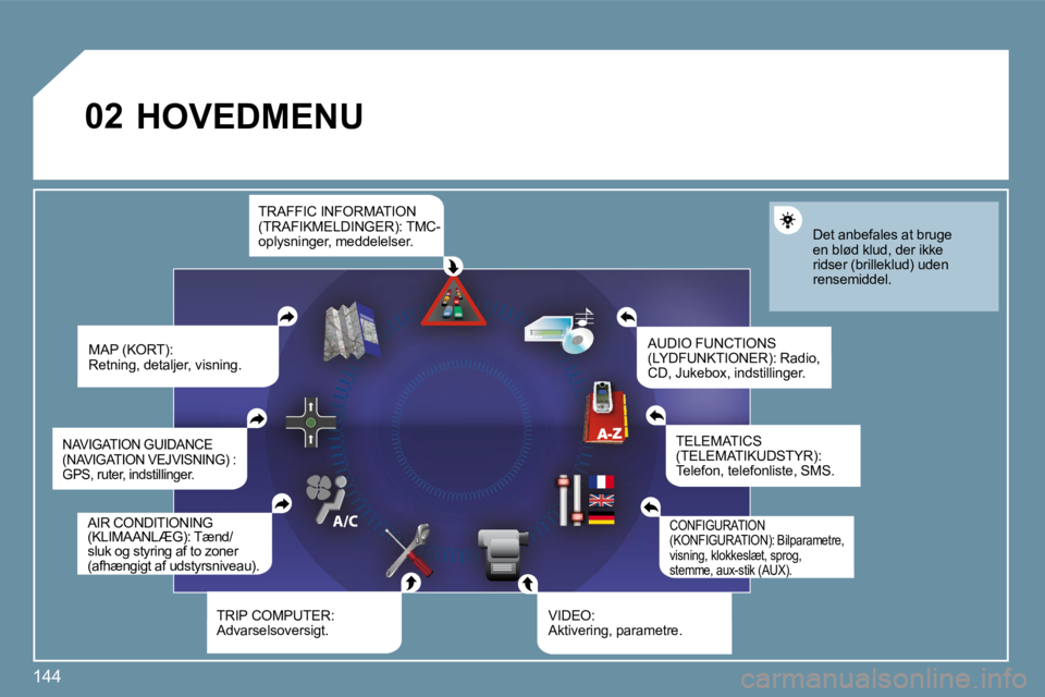 Peugeot 407 2009  Instruktionsbog (in Danish) 144
�0�2 HOVEDMENU 
� �M�A�P� �(�K�O�R�T�)�:� �R�e�t�n�i�n�g�,� �d�e�t�a�l�j�e�r�,� �v�i�s�n�i�n�g�.� 
� �A�U�D�I�O� �F�U�N�C�T�I�O�N�S� �(�L�Y�D�F�U�N�K�T�I�O�N�E�R�)�:� �R�a�d�i�o�,� �C�D�,� �J�u�k�