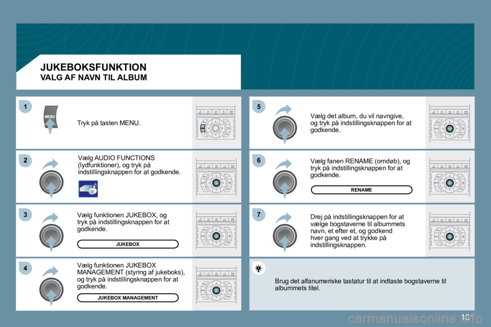 Peugeot 407 2009  Instruktionsbog (in Danish) 161
�6�6
�7�7
�5�5
�2
�3�3
�4�4
11
JUKEBOX
RENAME
JUKEBOX MANAGEMENT
� �T�r�y�k� �p�å� �t�a�s�t�e�n� �M�E�N�U�.� 
� �V�æ�l�g� �A�U�D�I�O� �F�U�N�C�T�I�O�N�S� �(�l�y�d�f�u�n�k�t�i�o�n�e�r�)�,� �o�g� 