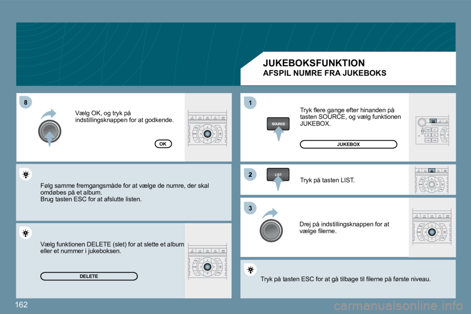 Peugeot 407 2009  Instruktionsbog (in Danish) 162
�8�8
�2
�3�3
11
DELETE
OK
� �T�r�y�k� �ﬂ� �e�r�e� �g�a�n�g�e� �e�f�t�e�r� �h�i�n�a�n�d�e�n� �p�å� �t�a�s�t�e�n� �S�O�U�R�C�E�,� �o�g� �v�æ�l�g� �f�u�n�k�t�i�o�n�e�n� �J�U�K�E�B�O�X�.� 
� �T�r�