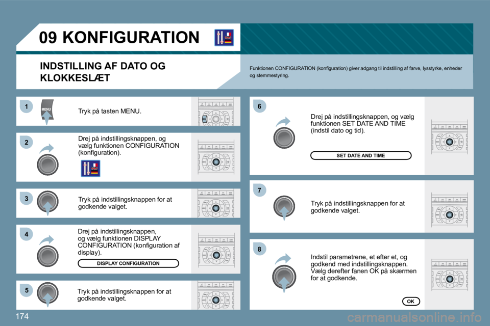 Peugeot 407 2009  Instruktionsbog (in Danish) 174
11
�2�2
�3�3
�4�4
�5�5
�6�6
�7�7
�8�8
�0�9       KONFIGURATION 
  INDSTILLING AF DATO OG 
KLOKKESLÆT 
� �T�r�y�k� �p�å� �t�a�s�t�e�n� �M�E�N�U�.� 
� �D�r�e�j� �p�å� �i�n�d�s�t�i�l�l�i�n�g�s�k�n