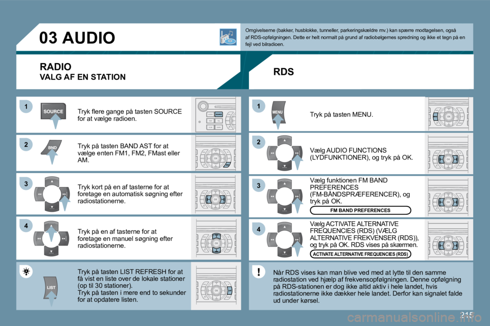 Peugeot 407 2009  Instruktionsbog (in Danish) 215
�1�1
�2�2
�3�3
�4�4
�2�2
�4�4
�3�3
�1�1
�0�3� � � � � �A�U�D�I�O� 
� �T�r�y�k� �ﬂ� �e�r�e� �g�a�n�g�e� �p�å� �t�a�s�t�e�n� �S�O�U�R�C�E� �f�o�r� �a�t� �v�æ�l�g�e� �r�a�d�i�o�e�n�.� 
� �T�r�y�k