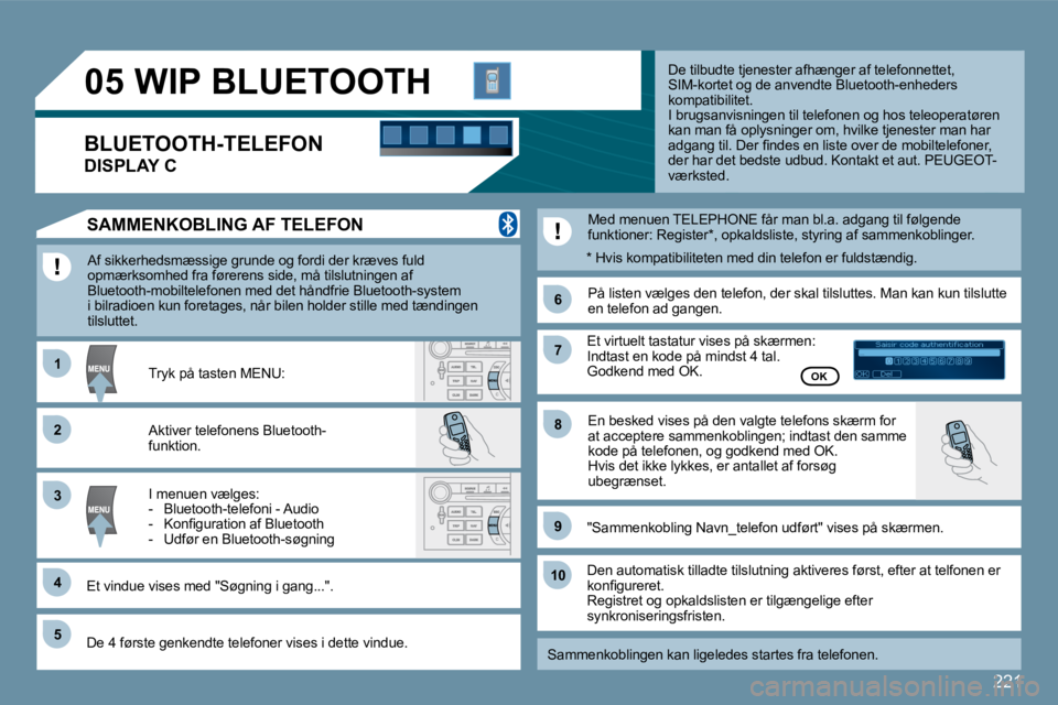 Peugeot 407 2009  Instruktionsbog (in Danish) 221
�1�1
�6�6
�2�2
�7�7
�4�4
99
�5�5
�1�0�1�0
�3�3
�8�8
�0�5
Saisir code authentification01OKDel23456789_
� � � � � � � �W�I�P� �B�L�U�E�T�O�O�T�H� 
� �A�f� �s�i�k�k�e�r�h�e�d�s�m�æ�s�s�i�g�e� �g�r�u