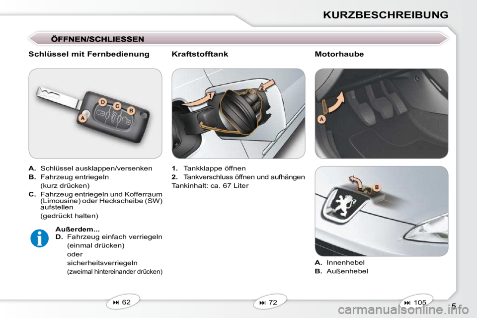 Peugeot 407 2009  Betriebsanleitung (in German) KURZBESCHREIBUNG
  Schlüssel mit Fernbedienung  
  
A.    Schlüssel ausklappen/versenken 
  
B.    Fahrzeug entriegeln  
  (kurz drücken)  
  
C.    Fahrzeug entriegeln und Kofferraum 
(Limousine) 