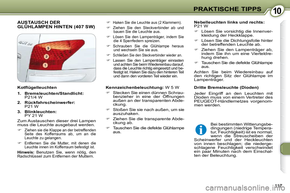 Peugeot 407 2009  Betriebsanleitung (in German) 1010PRAKTISCHE TIPPS
117
 AUSTAUSCH DER GLÜHLAMPEN HINTEN (407 SW)     
Nebelleuchten links und rechts:   
P21 W   
   
�    Lösen  Sie  vorsichtig  die  Innenver-
kleidung der Heckklappe. 
  
�