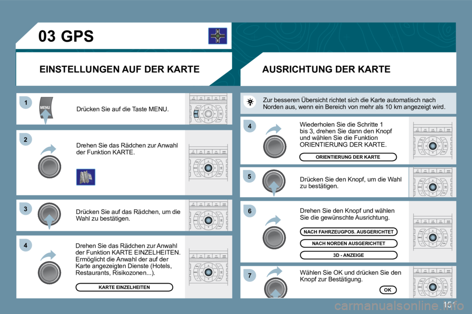 Peugeot 407 2009  Betriebsanleitung (in German) 151
�0�3
11
�2�2
�3�3
�4�4
�5�5
�6�6
�7�7
�4�4
 Drücken Sie auf die Taste MENU. 
 Drehen Sie das Rädchen zur Anwahl der Funktion KARTE. 
 Drücken Sie auf das Rädchen, um die Wahl zu bestätigen. 
