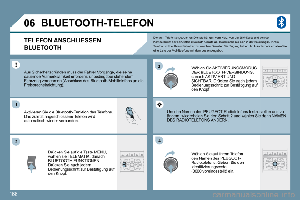 Peugeot 407 2009  Betriebsanleitung (in German) 166
�3�3
�2�2
11
�4�4
�0�6
 Die vom Telefon angebotenen Dienste hängen vom Netz, von der SIM-Karte und von der Kompatibilität der benutzten Bluetooth-Geräte ab. Informieren Sie sich in der Anleitun