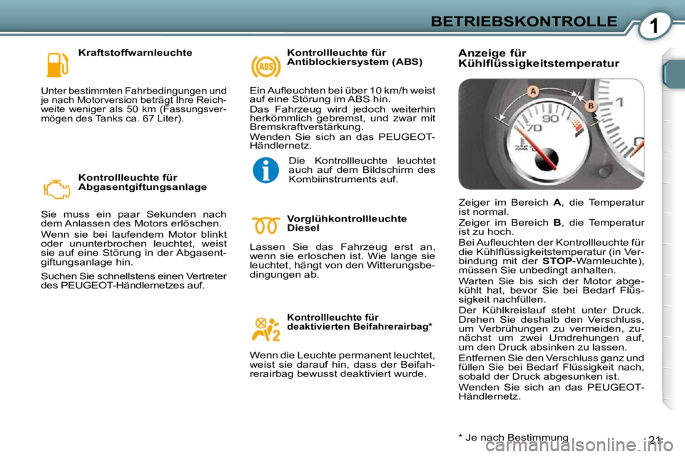 Peugeot 407 2009  Betriebsanleitung (in German) 1BETRIEBSKONTROLLE
21
  Kraftstoffwarnleuchte 
� �U�n�t�e�r� �b�e�s�t�i�m�m�t�e�n� �F�a�h�r�b�e�d�i�n�g�u�n�g�e�n� �u�n�d�  
�j�e� �n�a�c�h� �M�o�t�o�r�v�e�r�s�i�o�n� �b�e�t�r�ä�g�t� �I�h�r�e� �R�e�i