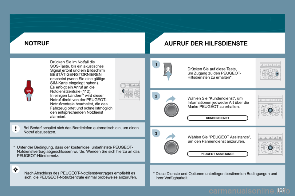 Peugeot 407 2009  Betriebsanleitung (in German) 169
11
�2�2
�3�3
 PEUGEOT ASSISTANCE
 KUNDENDIENST 
  *    Diese Dienste und Optionen unterliegen bestimmten Bedingungen und ihrer Verfügbarkeit.  
       AUFRUF DER HILFSDIENSTE 
 Drücken Sie auf d