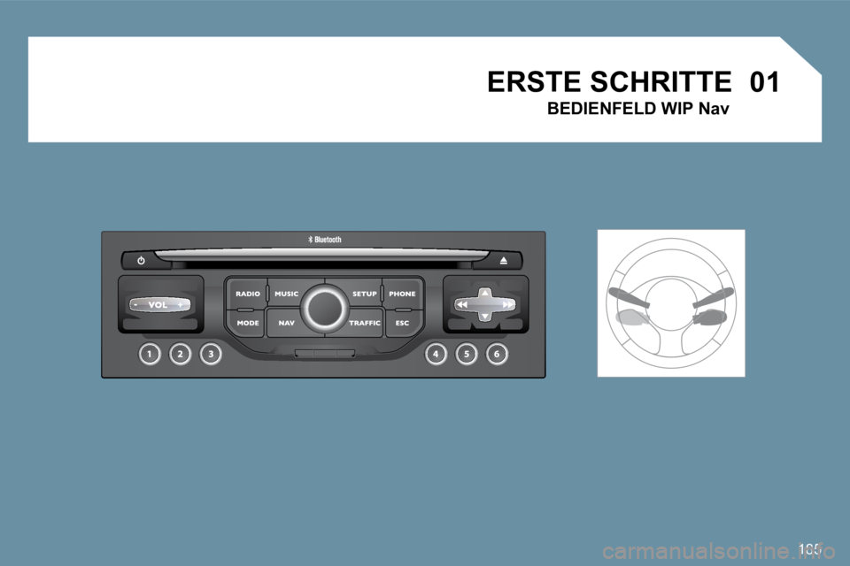 Peugeot 407 2009  Betriebsanleitung (in German) 185
�0�1 ERSTE SCHRITTE 
  BEDIENFELD WIP Nav      