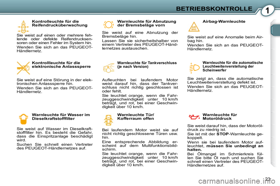Peugeot 407 2009  Betriebsanleitung (in German) 1BETRIEBSKONTROLLE
23
  Kontrolleuchte für die  
Reifendrucküberwachung 
� �S�i�e�  �w�e�i�s�t�  �a�u�f�  �e�i�n�e�n�  �o�d�e�r�  �m�e�h�r�e�r�e�  �f�e�h�-
�l�e�n�d�e�  �o�d�e�r�  �d�e�f�e�k�t�e�  �