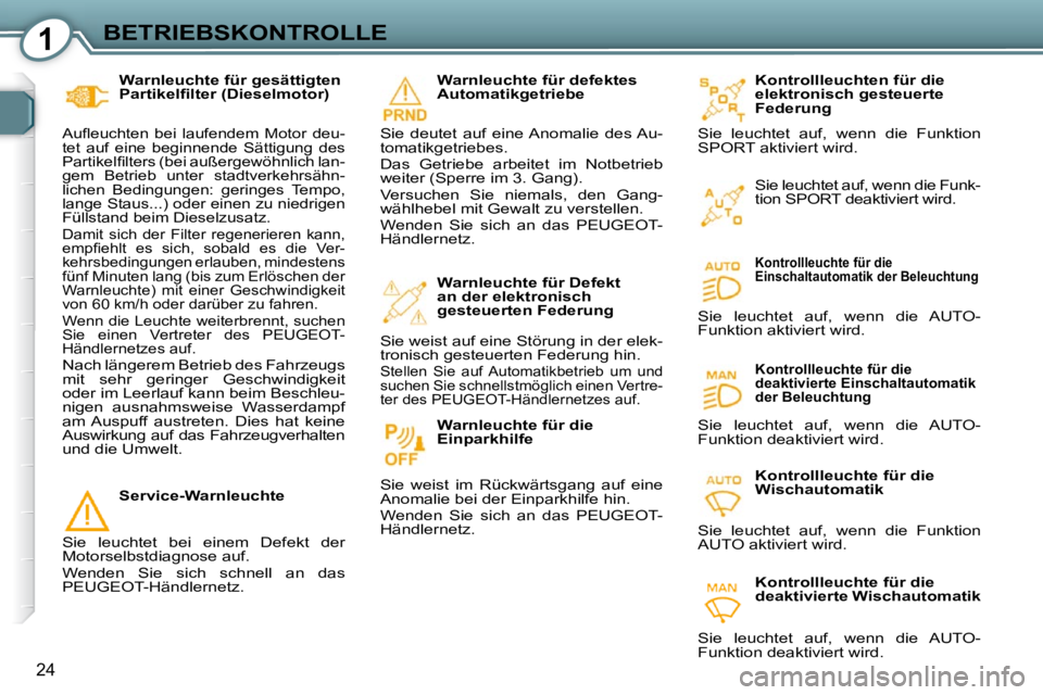 Peugeot 407 2009  Betriebsanleitung (in German) 1BETRIEBSKONTROLLE
24
  Warnleuchte für gesättigten  
�P�a�r�t�i�k�e�l�ﬁ� �l�t�e�r� �(�D�i�e�s�e�l�m�o�t�o�r�)� 
� �A�u�ﬂ� �e�u�c�h�t�e�n�  �b�e�i�  �l�a�u�f�e�n�d�e�m�  �M�o�t�o�r�  �d�e�u�-
�t
