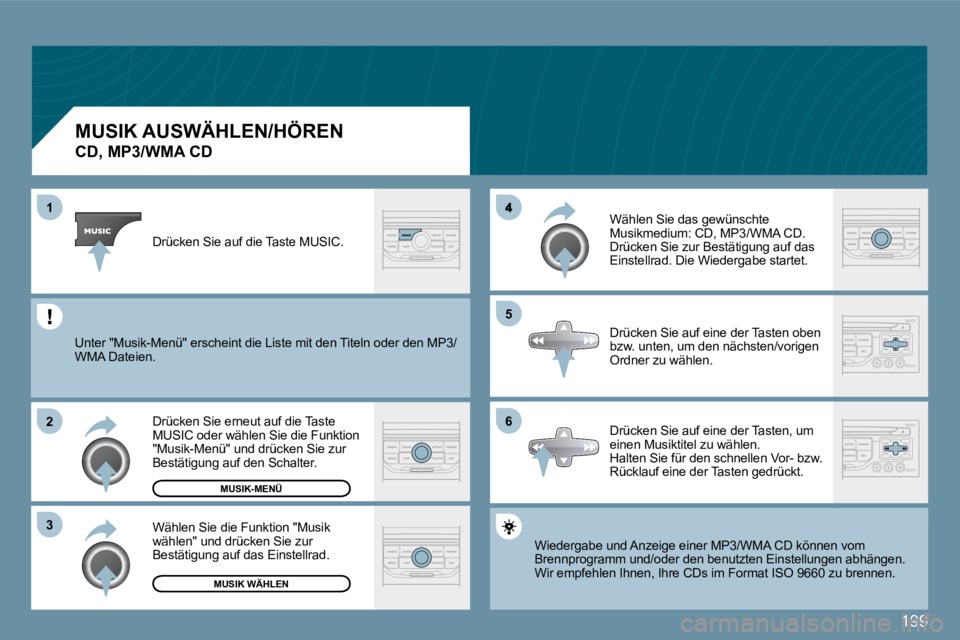 Peugeot 407 2009  Betriebsanleitung (in German) 199
�1
�2
�3
�6
�5
          MUSIK AUSWÄHLEN/HÖREN  
�C�D�,� �M�P�3�/�W�M�A� �C�D� 
 Wiedergabe und Anzeige einer MP3/WMA CD können vnnen vom Brennprogramm und/oder den benutzten Einstellungenngen 
