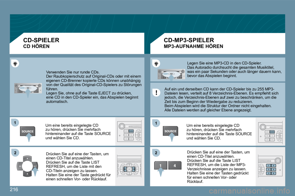 Peugeot 407 2009  Betriebsanleitung (in German) 216
�1�1
�2�2
�1�1
�2�2
 Verwenden Sie nur runde CDs.  Der Raubkopierschutz auf Original-CDs oder mit einem eigenen CD-Brenner kopierte CDs können unabhängig von der Qualität des Original-CD-Spiele