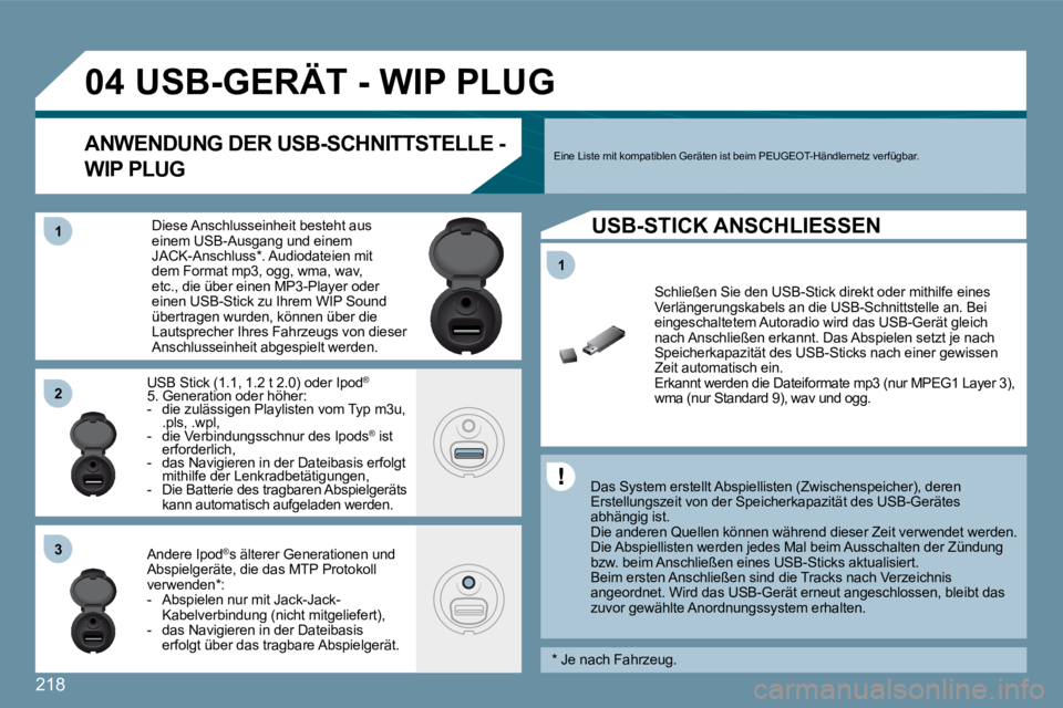 Peugeot 407 2009  Betriebsanleitung (in German) 218
�1�1
�0�4
�1�1
�2�2
�3�3
� � � � � � � � � �U�S�B�-�G�E�R�Ä�T� �-� �W�I�P� �P�L�U�G� 
  Das System erstellt Abspiellisten (Zwischenspeicher), deren Erstellungszeit von der Speicherkapazität des 