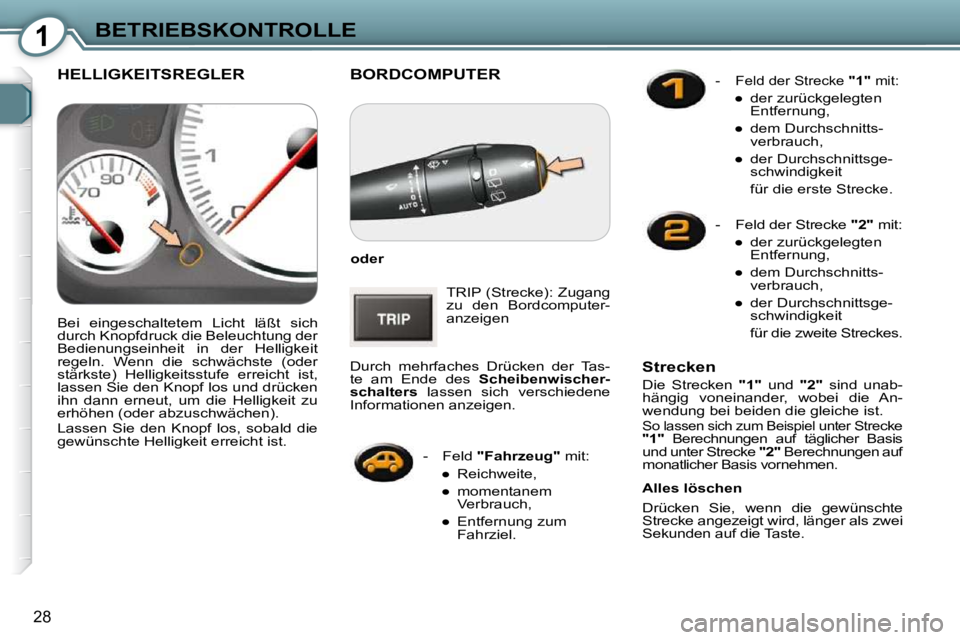 Peugeot 407 2009  Betriebsanleitung (in German) 1BETRIEBSKONTROLLE
28
 BORDCOMPUTER 
  
oder   
� �T�R�I�P� �(�S�t�r�e�c�k�e�)�:� �Z�u�g�a�n�g�  
�z�u�  �d�e�n�  �B�o�r�d�c�o�m�p�u�t�e�r�-
�a�n�z�e�i�g�e�n� 
� �D�u�r�c�h�  �m�e�h�r�f�a�c�h�e�s�  �D