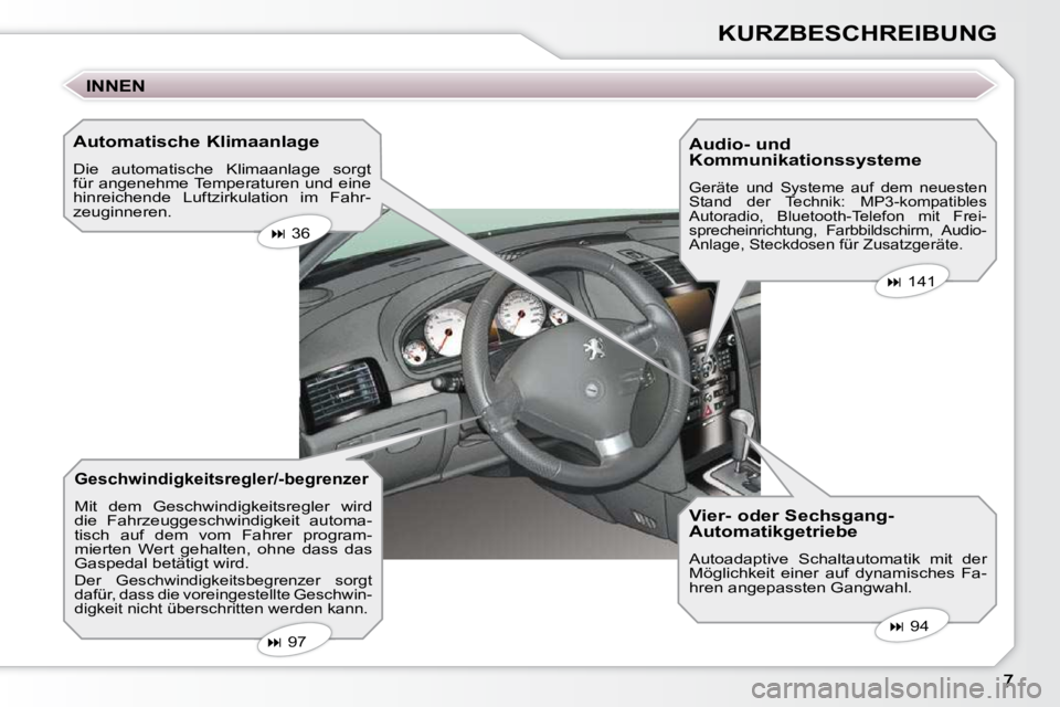 Peugeot 407 2009  Betriebsanleitung (in German) KURZBESCHREIBUNG
  Automatische Klimaanlage  
 Die  automatische  Klimaanlage  sorgt  
für angenehme Temperaturen und eine 
hinreichende  Luftzirkulation  im  Fahr-
zeuginneren. 
  Geschwindigkeitsre