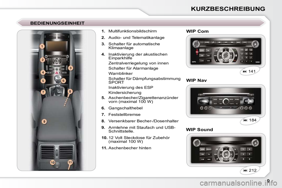 Peugeot 407 2009  Betriebsanleitung (in German) KURZBESCHREIBUNG
  BEDIENUNGSEINHEIT     
1.    Multifunktionsbildschirm 
  
2.    Audio- und Telematikanlage 
  
3.    Schalter für automatische 
Klimaanlage 
  
4.    Inaktivierung der akustischen 
