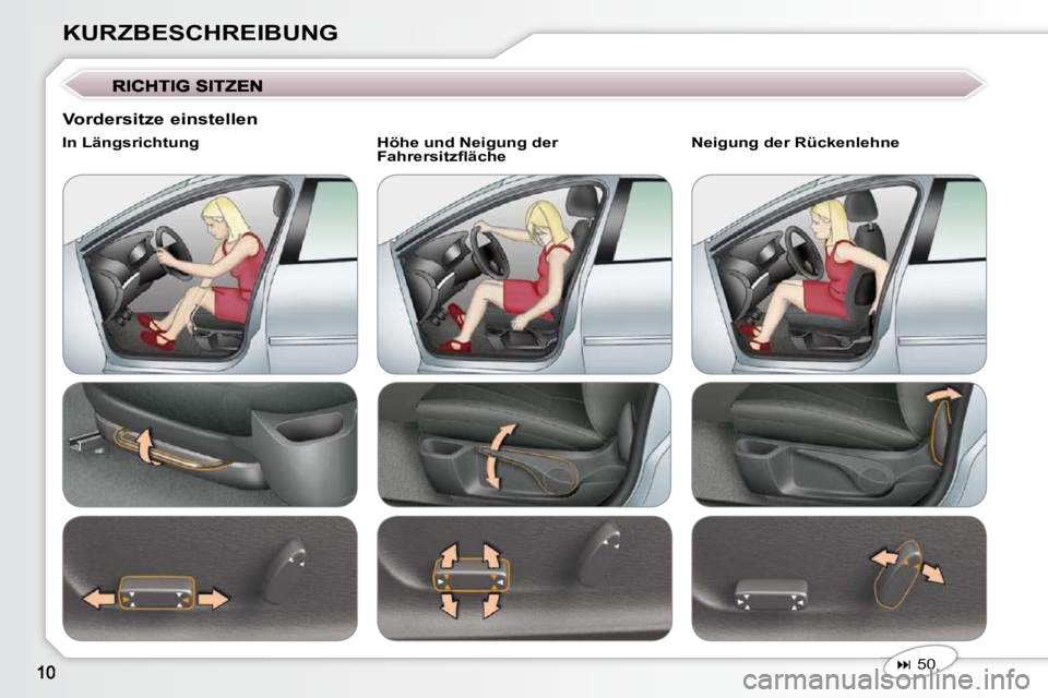 Peugeot 407 2009  Betriebsanleitung (in German) KURZBESCHREIBUNG
   
�   50    
  In Längsrichtung     Höhe und Neigung der 
�F�a�h�r�e�r�s�i�t�z�ﬂ� �ä�c�h�e� �   Neigung der Rückenlehne 
  Vordersitze einstellen               