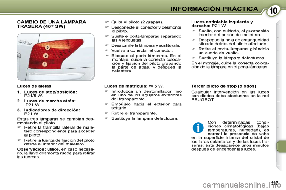 Peugeot 407 2009  Manual del propietario (in Spanish) 1010INFORMACIÓN PRÁCTICA
117
 CAMBIO DE UNA LÁMPARA TRASERA (407 SW)    
Luces antiniebla izquierda y  
derecha:   P21 W. 
   
�    Suelte, con cuidado, el guarnecido 
�i�n�t�e�r�i�o�r� �d�e�l� 