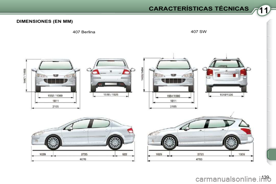 Peugeot 407 2009  Manual del propietario (in Spanish) 1111CARACTERÍSTICAS TÉCNICAS
139
 DIMENSIONES (EN MM) 
 407 Berlina  407 SW      