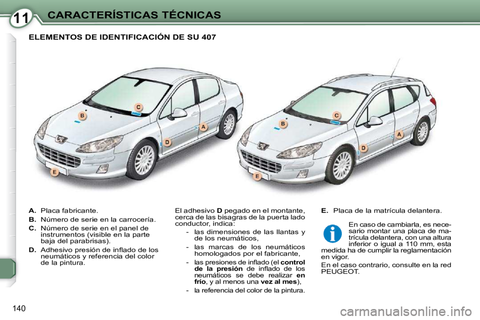 Peugeot 407 2009  Manual del propietario (in Spanish) 1111CARACTERÍSTICAS TÉCNICAS
140
   
A.    Placa fabricante. 
  
B.    Número de serie en la carrocería. 
  
C.    Número de serie en el panel de 
instrumentos (visible en la parte  
baja del par