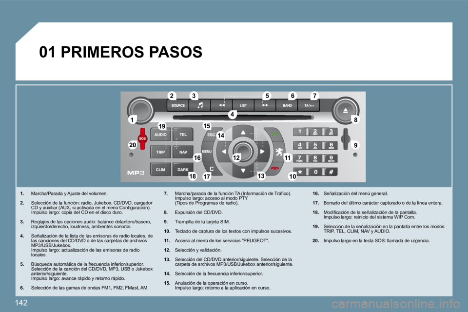 Peugeot 407 2009  Manual del propietario (in Spanish) 142
11
�2�0�2�0
�8�8
�9�9
�5�5
�4�4
�3�3�2�2
�1�9�1�9
�1�6�1�61111
1010�1�8�1�8
�1�2�1�2
�6�6�7�7
�1�3�1�3
�1�5�1�5
�1�4�1�4
�1�7�1�7
01
� � � �1�.� �  �M�a�r�c�h�a�/�P�a�r�a�d�a� �y� �A�j�u�s�t�e� �d