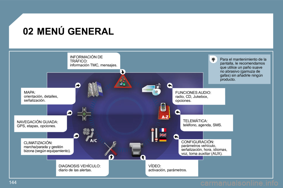 Peugeot 407 2009  Manual del propietario (in Spanish) 144
�0�2 MENÚ GENERAL 
� �M�A�P�A�:� �o�r�i�e�n�t�a�c�i�ó�n�,� �d�e�t�a�l�l�e�s�,� �s�e�ñ�a�l�i�z�a�c�i�ó�n�.� 
� �F�U�N�C�I�O�N�E�S� �A�U�D�I�O�:� �r�a�d�i�o�,� �C�D�,� �J�u�k�e�b�o�x�,� �o�p�c�i