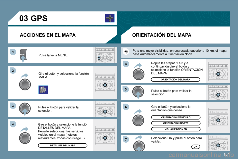 Peugeot 407 2009  Manual del propietario (in Spanish) 151
�0�3
11
�2�2
�3�3
�4�4
�5�5
�6�6
�7�7
�4�4
� �P�u�l�s�e� �l�a� �t�e�c�l�a� �M�E�N�U�.� 
� �G�i�r�e� �e�l� �b�o�t�ó�n� �y� �s�e�l�e�c�c�i�o�n�e� �l�a� �f�u�n�c�i�ó�n� �M�A�P�A�.� 
� �P�u�l�s�e� �