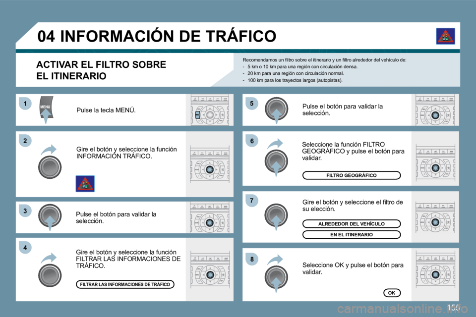 Peugeot 407 2009  Manual del propietario (in Spanish) 155
�5�5
�6�6
�7�7
�8�8
11
�2�2
�3�3
�4�4
�0�4
� � �A�C�T�I�V�A�R� �E�L� �F�I�L�T�R�O� �S�O�B�R�E
EL ITINERARIO 
� �R�e�c�o�m�e�n�d�a�m�o�s� �u�n� �ﬁ� �l�t�r�o� �s�o�b�r�e� �e�l� �i�t�i�n�e�r�a�r�i�