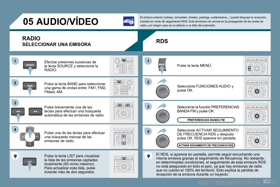 Peugeot 407 2009  Manual del propietario (in Spanish) 157
11
�2�2
�3�3
�4�4
11
�2�2
�3�3
�4�4
�0�5� � � � � �A�U�D�I�O�/�V�Í�D�E�O� 
 RADIO 
 SELECCIONAR UNA EMISORA 
� �E�f�e�c�t�ú�e� �p�r�e�s�i�o�n�e�s� �s�u�c�e�s�i�v�a�s� �d�e� �l�a� �t�e�c�l�a� �S�