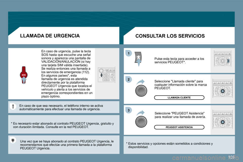 Peugeot 407 2009  Manual del propietario (in Spanish) 169
11
�2�2
�3�3
 PEUGEOT ASISTENCIA 
 LLAMADA CLIENTE 
� � �*� � � � �E�s�t�o�s� �s�e�r�v�i�c�i�o�s� �y� �o�p�c�i�o�n�e�s� �e�s�t�á�n� �s�o�m�e�t�i�d�o�s� �a� �c�o�n�d�i�c�i�o�n�e�s� �y� �d�i�s�p�o�