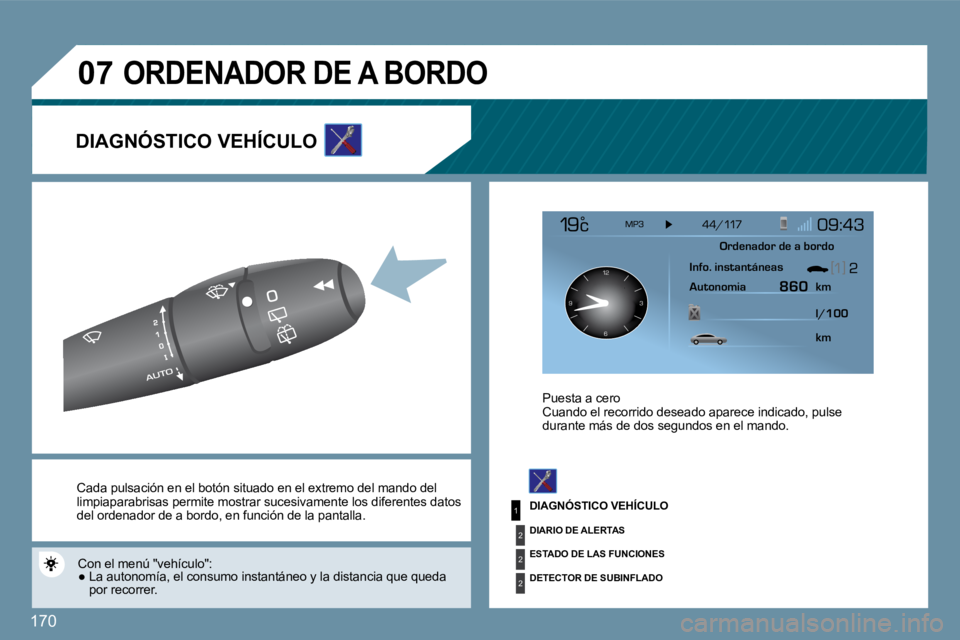 Peugeot 407 2009  Manual del propietario (in Spanish) 170
1
2
2
2
�0�7
126 3
9
� �C�a�d�a� �p�u�l�s�a�c�i�ó�n� �e�n� �e�l� �b�o�t�ó�n� �s�i�t�u�a�d�o� �e�n� �e�l� �e�x�t�r�e�m�o� �d �e�l� � �m�a�n�d�o� �d�e�l� �l�i�m�p�i�a�p�a�r�a�b�r�i�s�a�s� � �p�e�r