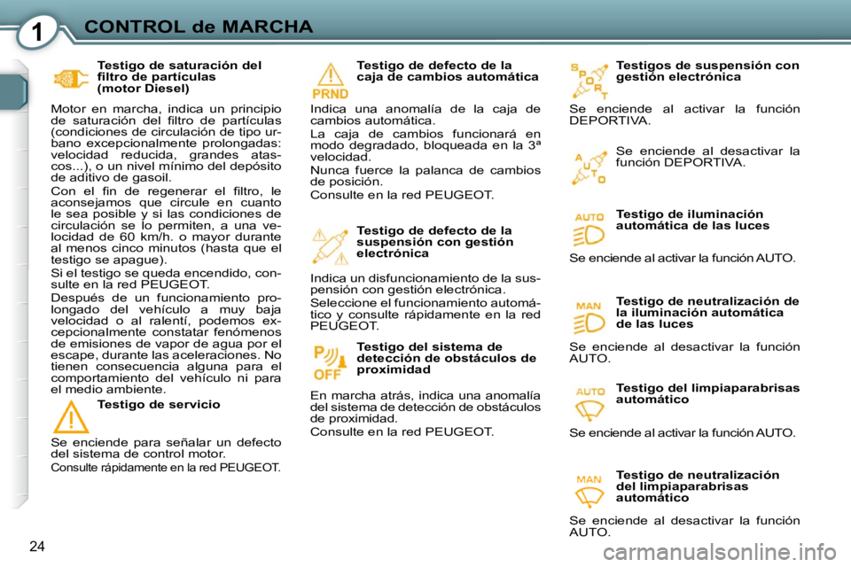 Peugeot 407 2009  Manual del propietario (in Spanish) 1CONTROL de MARCHA
24
  Testigo de saturación del  
�ﬁ� �l�t�r�o� �d�e� �p�a�r�t�í�c�u�l�a�s� 
(motor Diesel) 
 Motor  en  marcha,  indica  un  principio 
�d�e�  �s�a�t�u�r�a�c�i�ó�n�  �d�e�l�  �