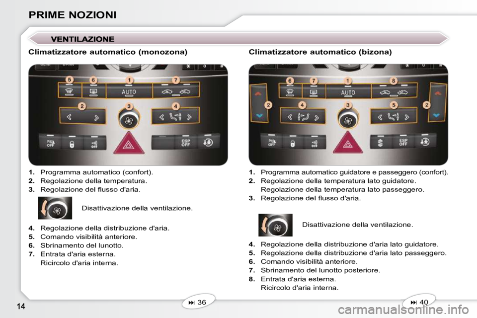 Peugeot 407 2009  Manuale del proprietario (in Italian) PRIME NOZIONI
  Climatizzatore automatico (monozona)    
1.    Programma automatico (confort). 
  
2.    Regolazione della temperatura. 
  
3. � �  �R�e�g�o�l�a�z�i�o�n�e� �d�e�l� �ﬂ� �u�s�s�o� �d�&