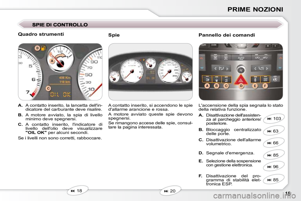Peugeot 407 2009  Manuale del proprietario (in Italian) PRIME NOZIONI
  Quadro strumenti  
   
A.    A contatto inserito, la lancetta dellin-
dicatore del carburante deve risalire. 
  
B.    A  motore  avviato,  la  spia  di  livello 
minimo deve spegners