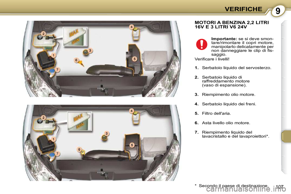 Peugeot 407 2009  Manuale del proprietario (in Italian) 9VERIFICHE
107
 MOTORI A BENZINA 2,2 LITRI 16V E 3 LITRI V6 24V 
� � �*� � �  �S�e�c�o�n�d�o� �i�l� �p�a�e�s�e� �d�i� �d�e�s�t�i�n�a�z�i�o�n�e�.� �    
Importante: � � �s�e� �s�i� �d�e�v�e� �s�m�o�n�-