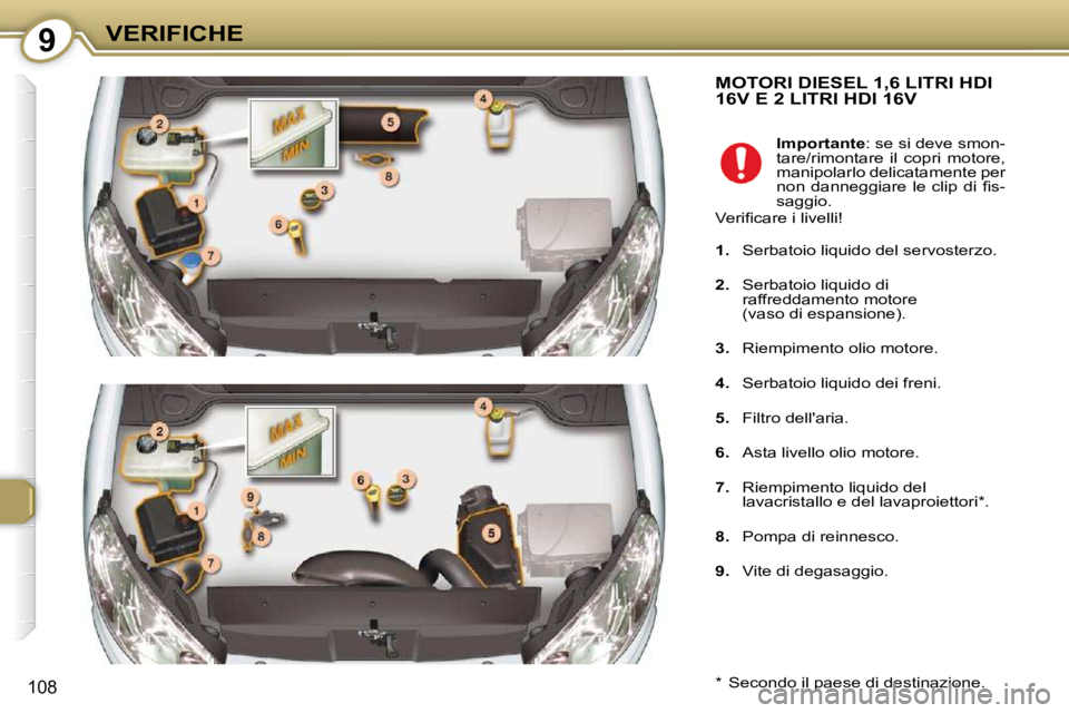 Peugeot 407 2009  Manuale del proprietario (in Italian) 9VERIFICHE
108
 MOTORI DIESEL 1,6 LITRI HDI 16V E 2 LITRI HDI 16V 
� � �*� � �  �S�e�c�o�n�d�o� �i�l� �p�a�e�s�e� �d�i� �d�e�s�t�i�n�a�z�i�o�n�e�.� �    
Importante � �:� �s�e� �s�i� �d�e�v�e� �s�m�o�