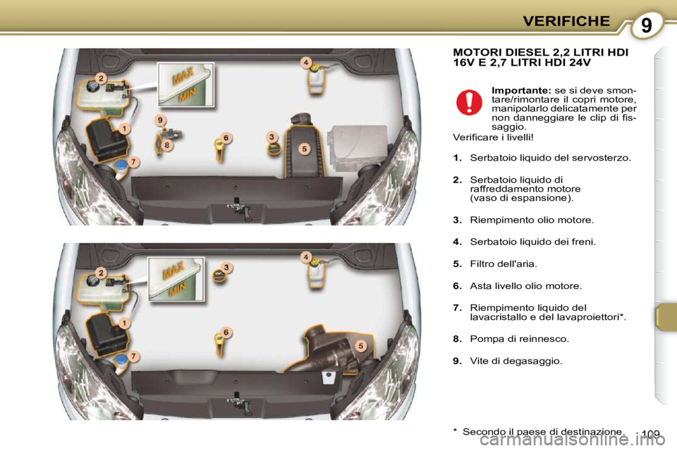 Peugeot 407 2009  Manuale del proprietario (in Italian) 9VERIFICHE
109
 MOTORI DIESEL 2,2 LITRI HDI 16V E 2,7 LITRI HDI 24V 
� � �*� � �  �S�e�c�o�n�d�o� �i�l� �p�a�e�s�e� �d�i� �d�e�s�t�i�n�a�z�i�o�n�e�.� �    
Importante: � � �s�e� �s�i� �d�e�v�e� �s�m�o
