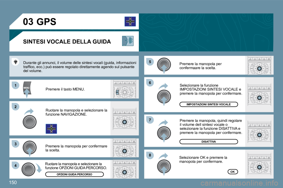 Peugeot 407 2009  Manuale del proprietario (in Italian) 150
�0�3
�6�6
�8�8
�7�7
�5�5
11
�2�2
�3�3
�4�4
       GPS 
� � �S�I�N�T�E�S�I� �V�O�C�A�L�E� �D�E�L�L�A� �G�U�I�D�A� 
� �P�r�e�m�e�r�e� �l�a� �m�a�n�o�p�o�l�a� �p�e�r� �c�o�n�f�e�r�m�a�a�r�e� �l�a� �s