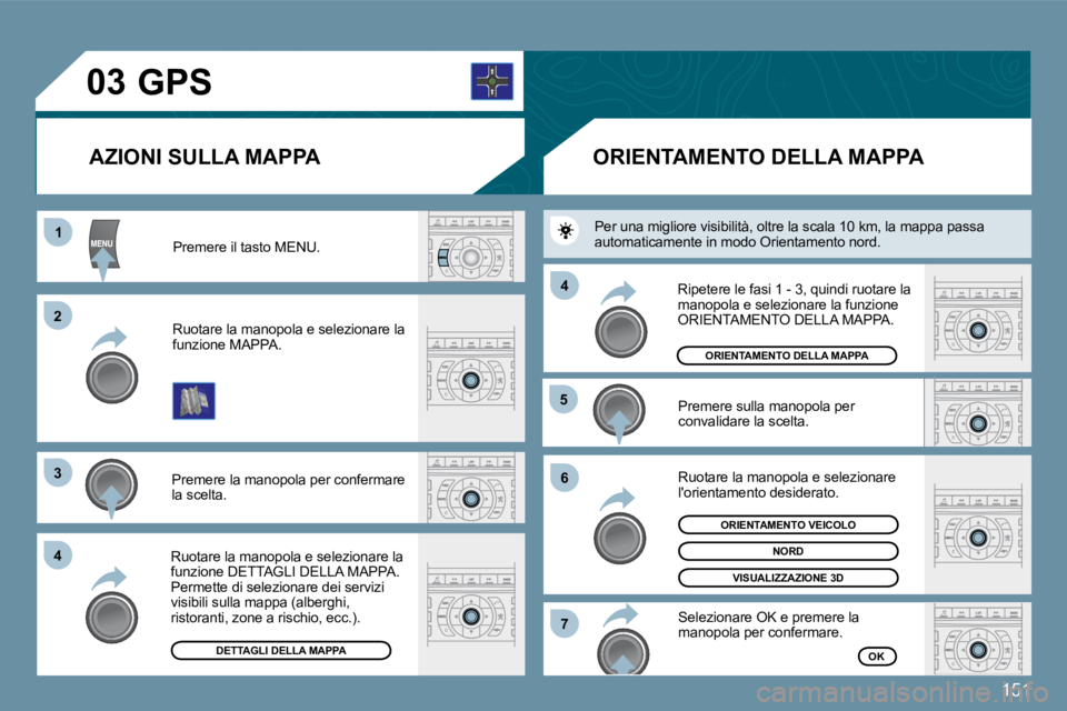 Peugeot 407 2009  Manuale del proprietario (in Italian) 151
�0�3
11
�2�2
�3�3
�4�4
�5�5
�6�6
�7�7
�4�4
� �P�r�e�m�e�r�e� �i�l� �t�a�s�t�o� �M�E�N�U�.� 
� �R�u�o�t�a�r�e� �l�a� �m�a�n�o�p�o�l�a� �e� �s�e�l�e�z�i�o�n�a�r�e� �l�a� �f�u�n�z�i�o�n�e� �M�A�P�P�A