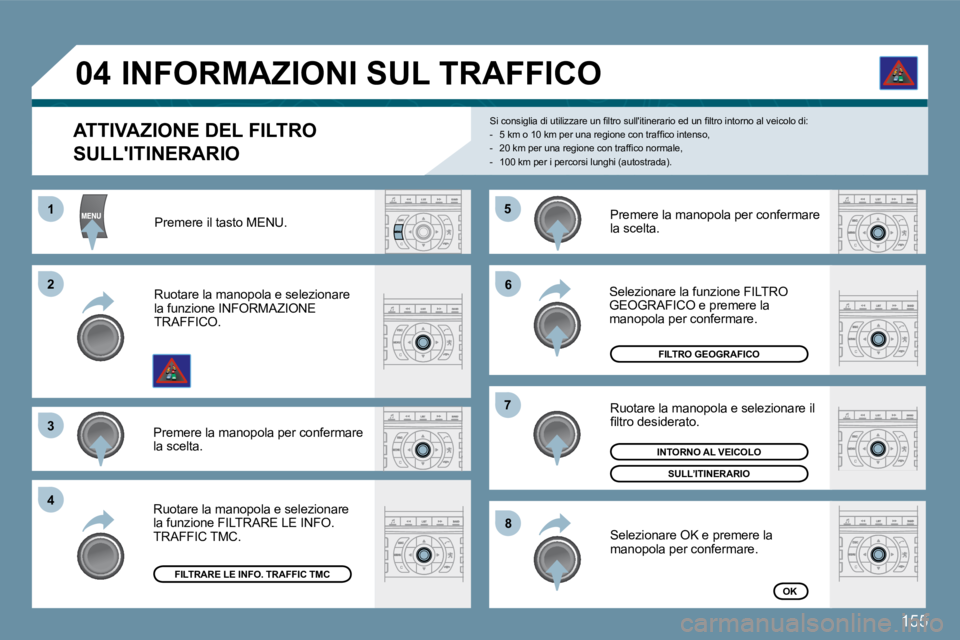 Peugeot 407 2009  Manuale del proprietario (in Italian) 155
�5�5
�6�6
�7�7
�8�8
11
�2�2
�3�3
�4�4
�0�4
� � �A�T�T�I�V�A�Z�I�O�N�E� �D�E�L� �F�I�L�T�R�O� 
SULLITINERARIO 
� �S�i� �c�o�n�s�i�g�l�i�a� �d�i� �u�t�i�l�i�z�z�a�r�e� �u�n� �ﬁ� �l�t�r�o� �s�u�l�