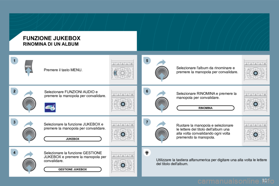 Peugeot 407 2009  Manuale del proprietario (in Italian) 161
�6�6
�7�7
�5�5
�2
�3�3
�4�4
11
JUKEBOX
RINOMINA
GESTIONE JUKEBOX
� �P�r�e�m�e�r�e� �i�l� �t�a�s�t�o� �M�E�N�U�.� 
� �S�e�l�e�z�i�o�n�a�r�e� �F�U�N�Z�I�O�N�I� �A�U�D�I�O� �e� �p�r�e�m�e�r�e� �l�a� 