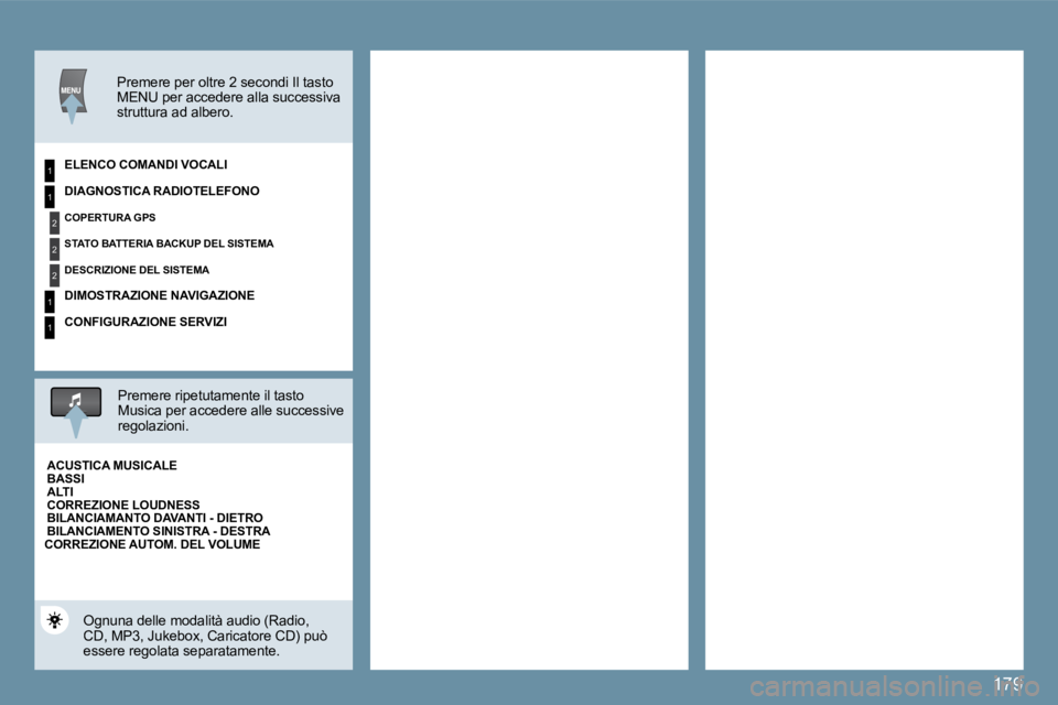 Peugeot 407 2009  Manuale del proprietario (in Italian) 179
1
2
2
2
1
1
1
� � �P�r�e�m�e�r�e� �p�e�r� �o�l�t�r�e� �2� �s�e�c�o�n�d�i� �I�l� �t�a�s�t�o� �M�E�N�U� �p�e�r� �a�c�c�e�d�e�r�e� �a�l�l�a� �s�u�c�c�e�s�s�i�v�a� �s�t�r�u�t�t�u�r�a� �a�d� �a�l�b�e�r