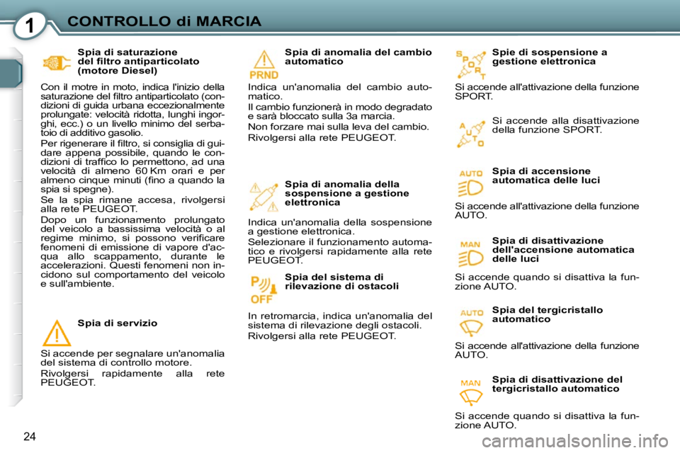 Peugeot 407 2009  Manuale del proprietario (in Italian) 1CONTROLLO di MARCIA
24
  Spia di saturazione  
�d�e�l� �ﬁ� �l�t�r�o� �a�n�t�i�p�a�r�t�i�c�o�l�a�t�o� 
(motore Diesel) 
 Con  il  motre  in  moto,  indica  linizio  della 
�s�a�t�u�r�a�z�i�o�n�e� �