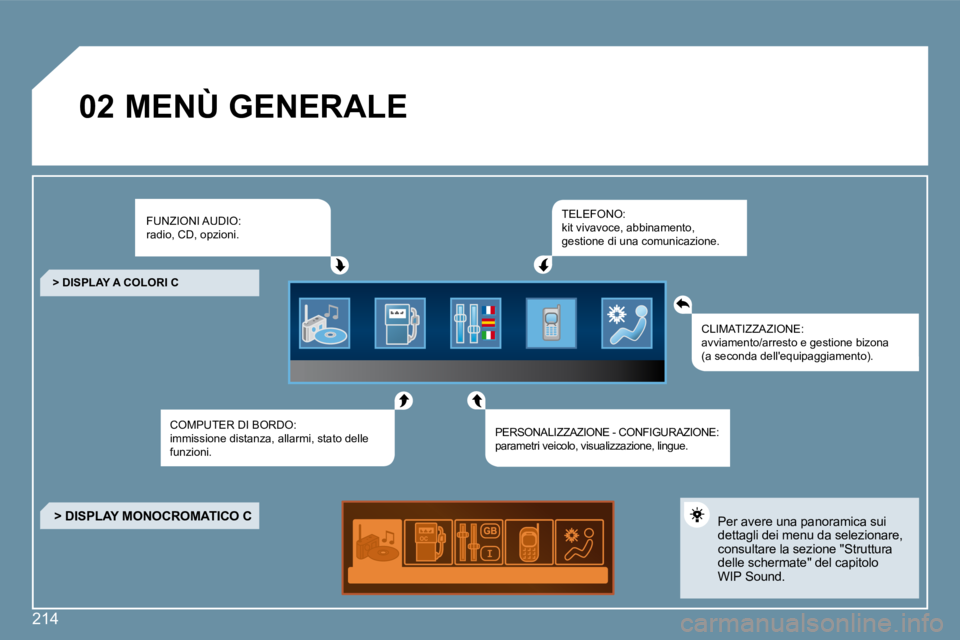 Peugeot 407 2009  Manuale del proprietario (in Italian) 214
�0�2� �M�E�N�Ù� �G�E�N�E�R�A�L�E� 
� �F�U�N�Z�I�O�N�I� �A�U�D�I�O�:� �r�a�d�i�o�,� �C�D�,� �o�p�z�i�o�n�i�.� 
� �C�O�M�P�U�T�E�R� �D�I� �B�O�R�D�O�:� �i�m�m�i�s�s�i�o�n�e� �d�i�s�t�a�n�z�a�,� �a�