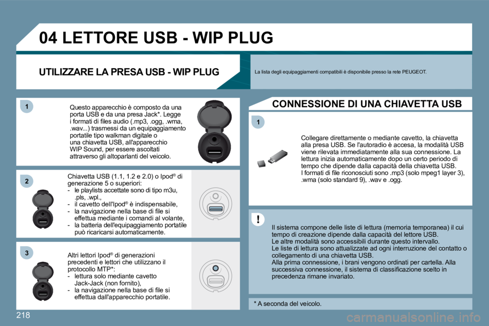 Peugeot 407 2009  Manuale del proprietario (in Italian) �2�1�8
�1�1
�0�4
�1�1
�2�2
�3�3
� � � � � � � � � �L�E�T�T�O�R�E� �U�S�B� �-� �W�I�P� �P�L�U�G� 
� � �I�l� �s�i�s�t�e�m�a� �c�o�m�p�o�n�e� �d�e�l�l�e� �l�i�s�t�e� �d�i� �l�e�t�t�u�r�a� �(�m�e�m�o�r�i�