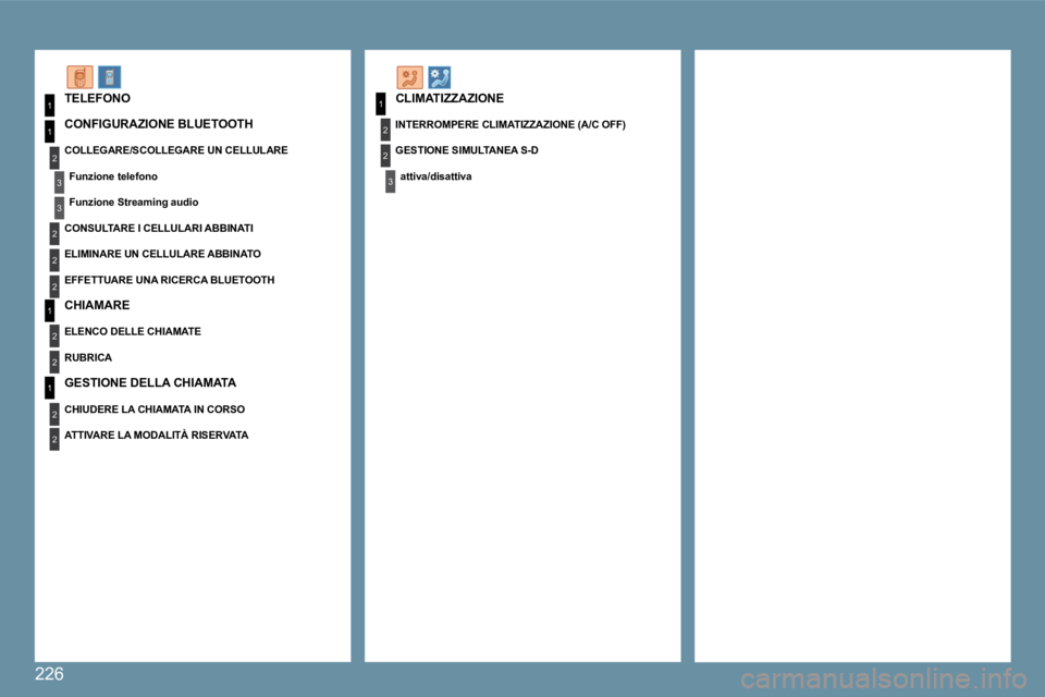 Peugeot 407 2009  Manuale del proprietario (in Italian) �2�2�6
1
2
3
2
1
2
3
3
1
2
2
2
2
1
2
1
2
2
� �C�L�I�M�A�T�I�Z�Z�A�Z�I�O�N�E� 
� � �I�N�T�E�R�R�O�M�P�E�R�E� �C�L�I�M�A�T�I�Z�Z�A�Z�I�O�N�E� �(�A�/�C� �O�F�F�)� � 
�G�E�S�T�I�O�N�E� �S�I�M�U�L�T�A�N�E�